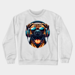 Grinning Boerboel as Smiling DJ with Headphones Crewneck Sweatshirt